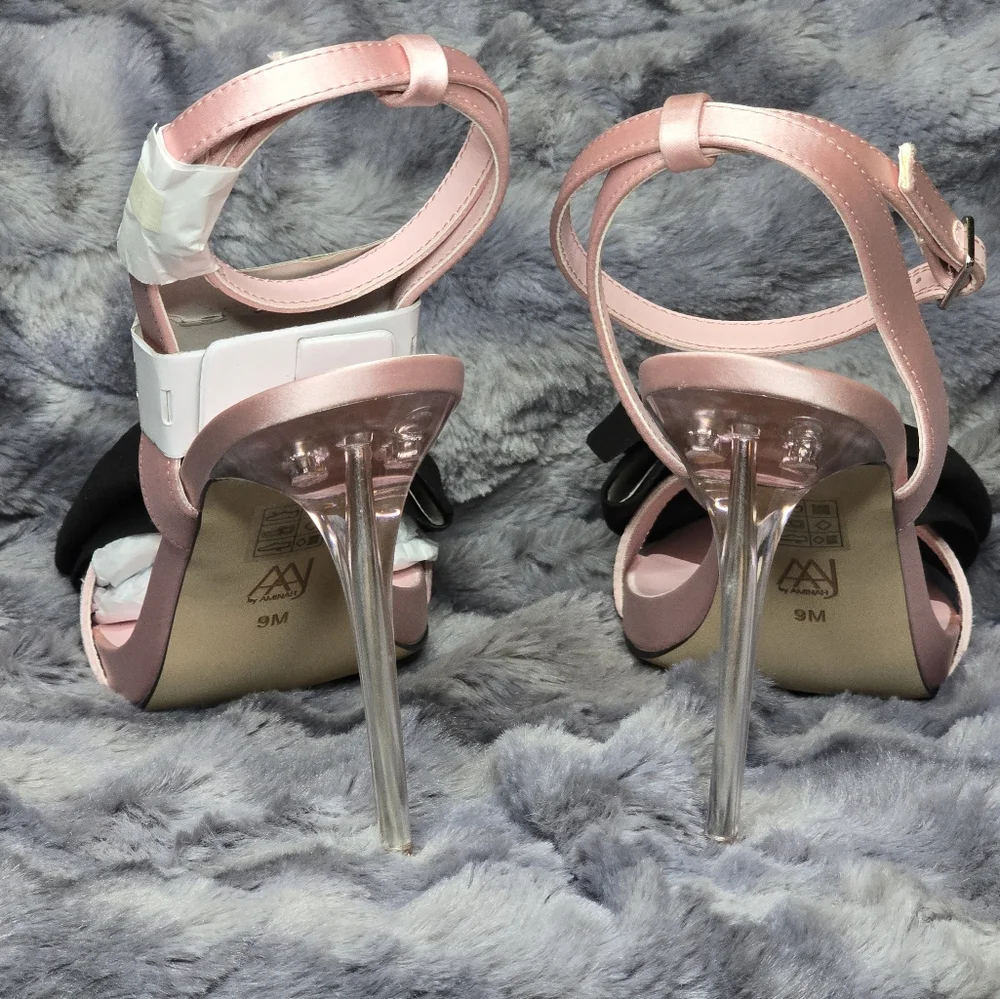 NWB AAJ By Aminah Women's Yahira Lucite Heel Bow Dress Sandals Pink/black Size 9